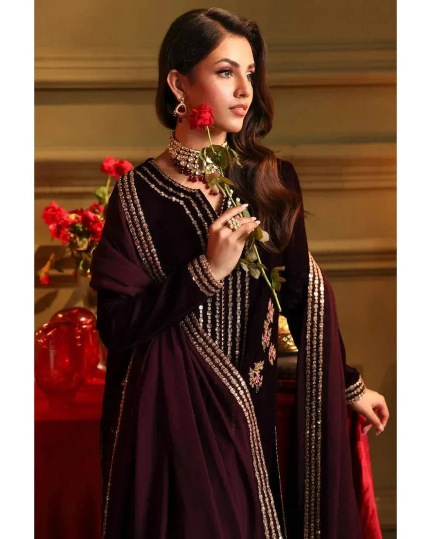 Fashion Fairy 1022-3PC Velvet Embroidered Dress With Embroidered Chiffon Dupatta