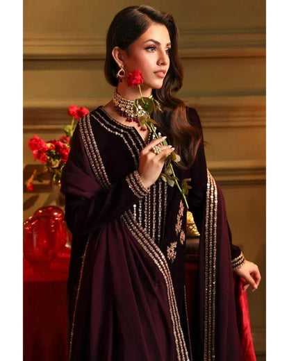 Fashion Fairy 1022-3PC Velvet Embroidered Dress With Embroidered Chiffon Dupatta