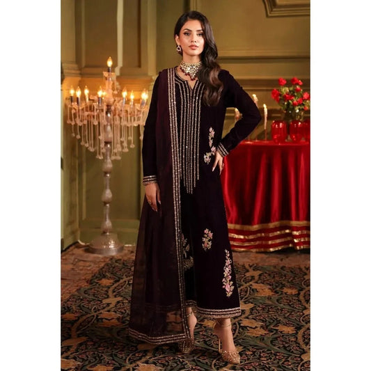 Fashion Fairy 1022-3PC Velvet Embroidered Dress With Embroidered Chiffon Dupatta