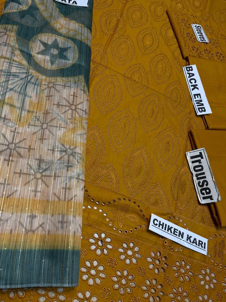 3 Piece - Chikankari Dhanak Embroidered Collection (D - 762 Mustard)