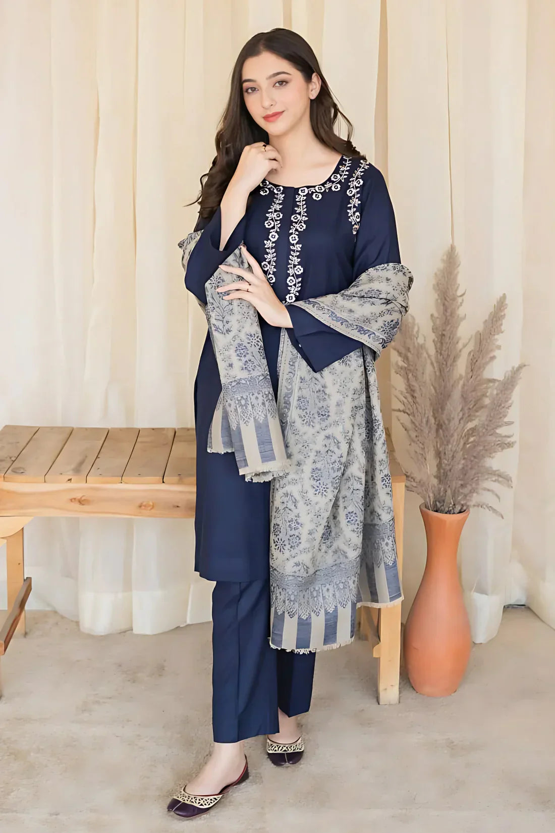 3 Piece - Embroidered Blue Dhanak Suit | FCC - 841