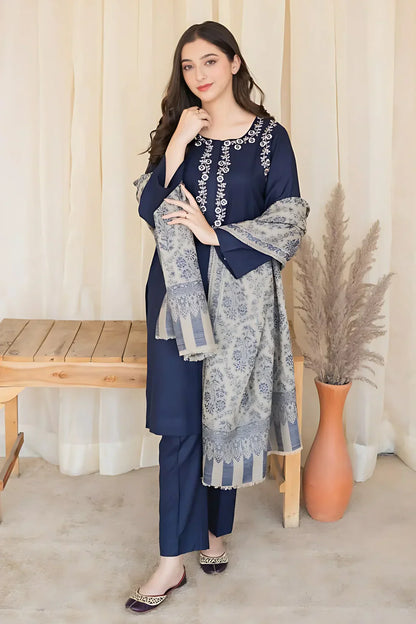 3 Piece - Embroidered Blue Dhanak Suit | FCC - 841