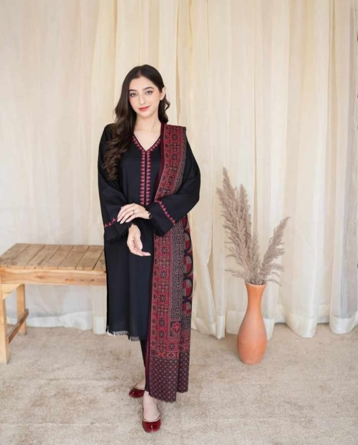 3 Piece - Black Dhanak Embroidered Suit Silko | FCC - 883
