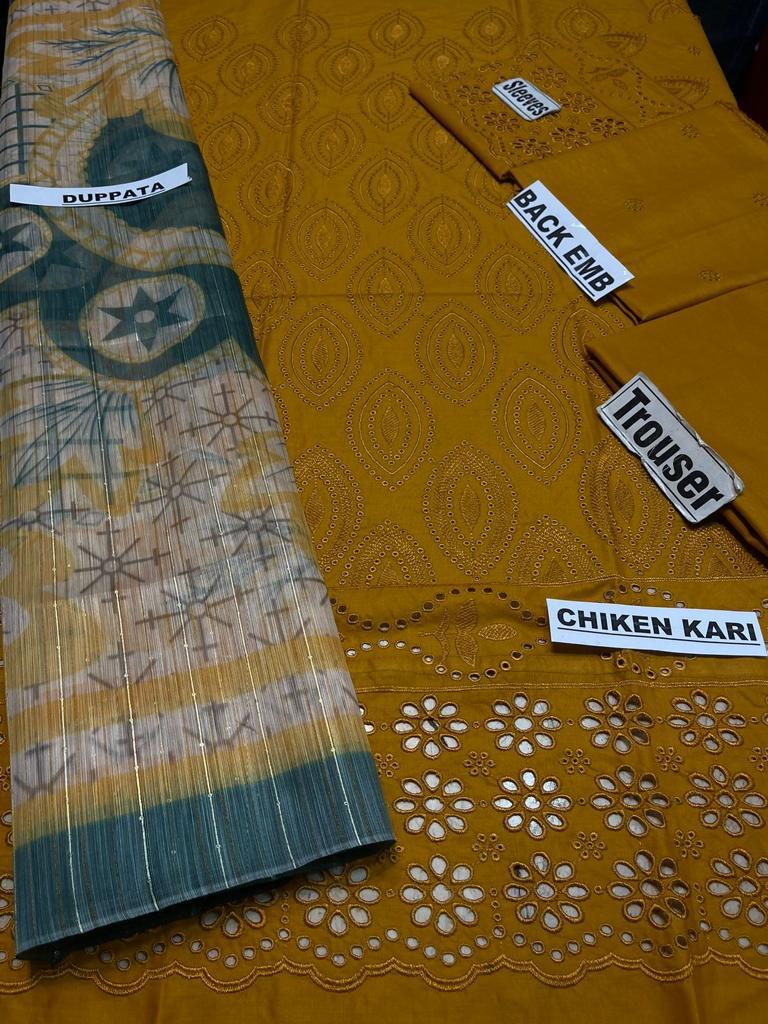 3 Piece - Chikankari Dhanak Embroidered Collection (D - 762 Mustard)