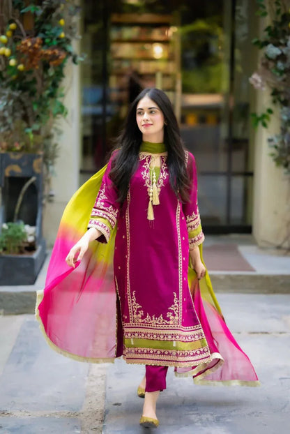 3 Piece - Embroidered Dhanak Suit (OMAL by Komal) | OC - 01