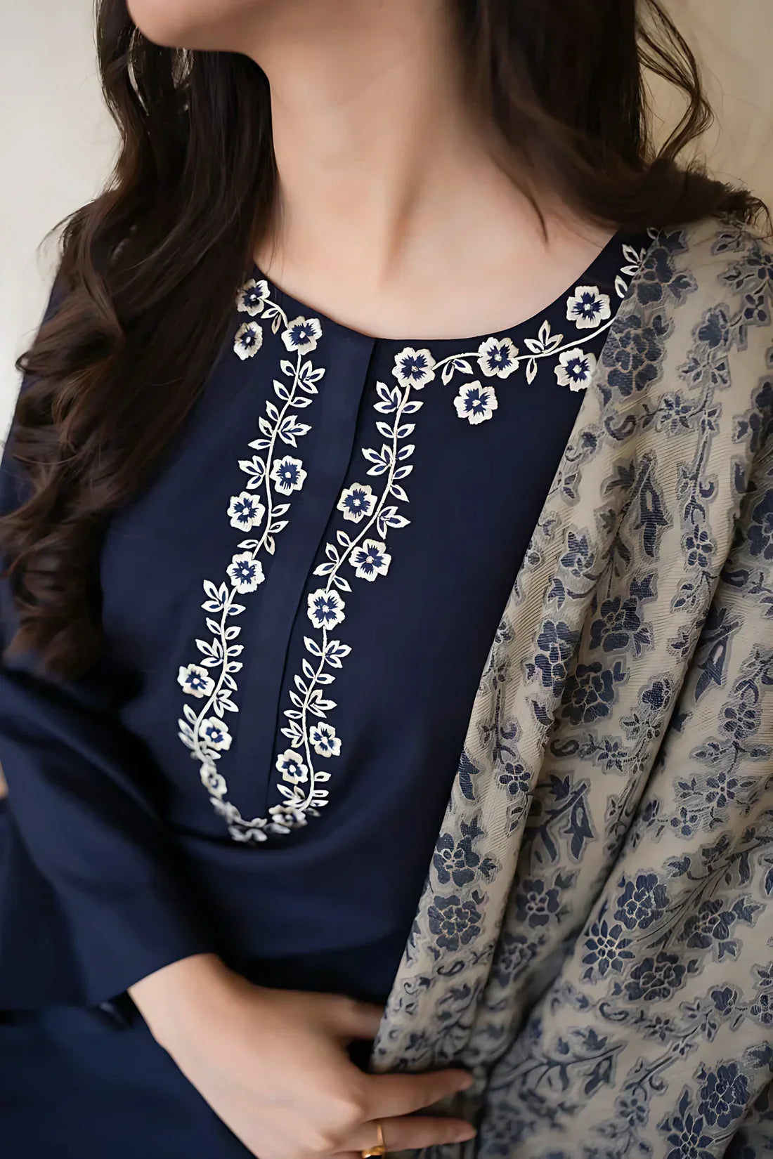 3 Piece - Embroidered Blue Dhanak Suit | FCC - 841