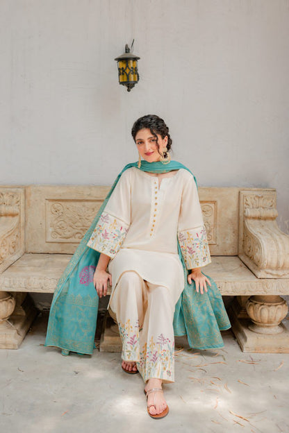3 Piece - Off White Embroidered Dhanak Suit | FCC - 882