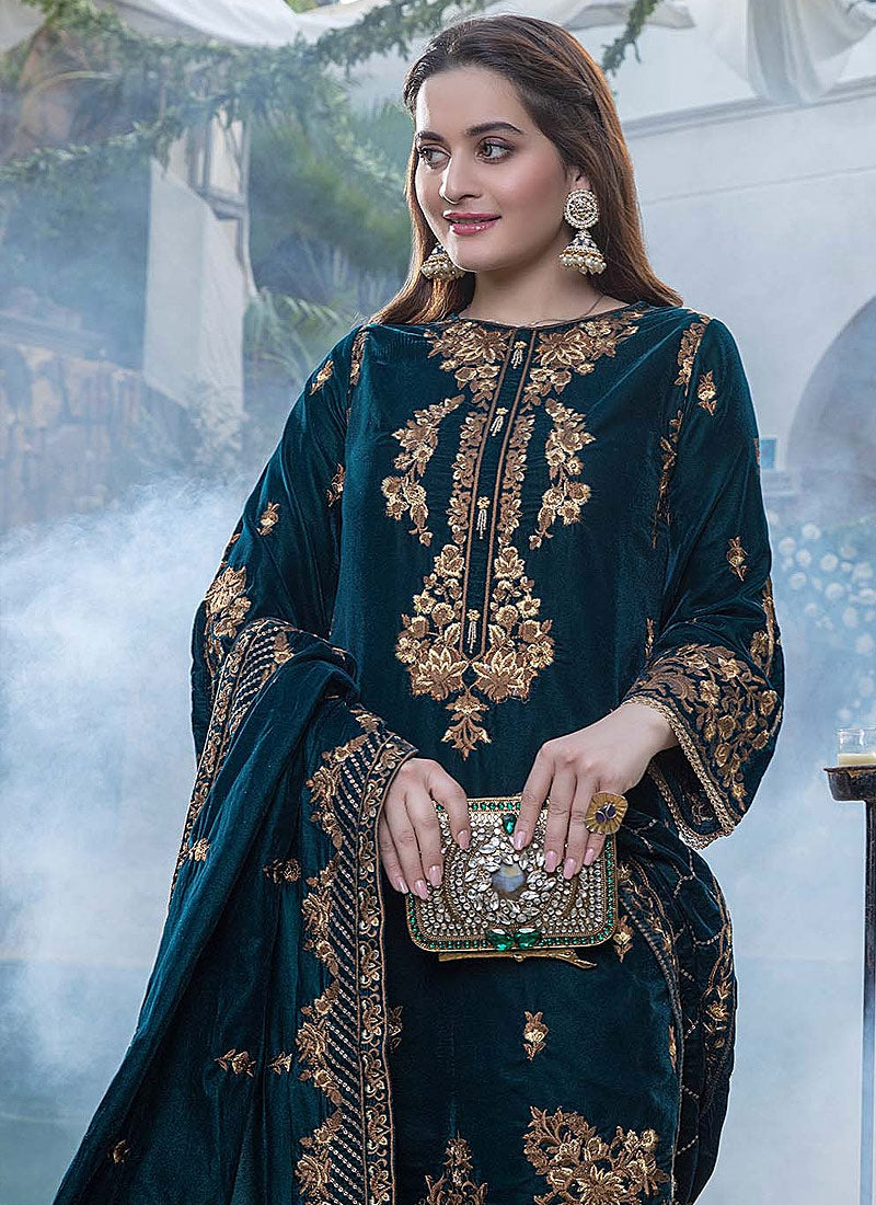 3 Piece - Zinc Embroidered Velvet With Velvet Shawl | FCC ZC - 114