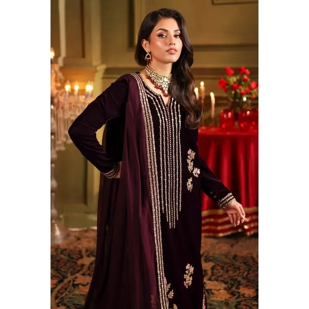 Fashion Fairy 1022-3PC Velvet Embroidered Dress With Embroidered Chiffon Dupatta