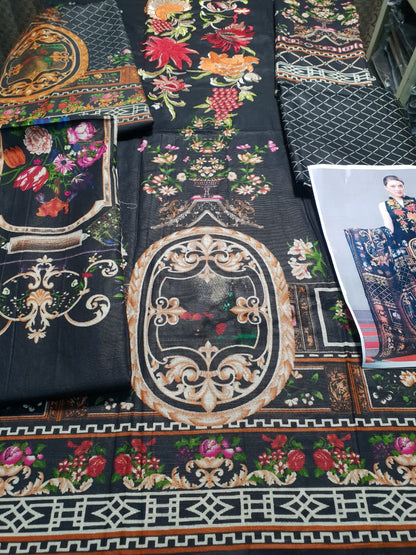 Ethnic ET-7 Black Khaddar Embroidered three piece With Woolen Shawl