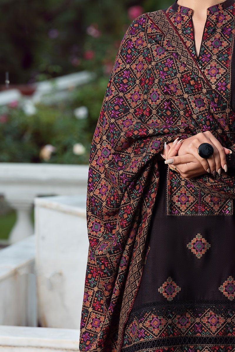 3 Piece - Black Embroidered Dhanak (Bareeze) Suit | FCC - 707
