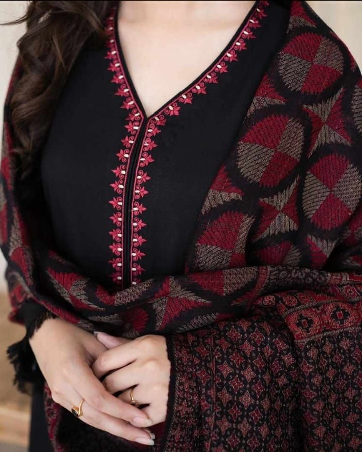 3 Piece - Black Dhanak Embroidered Suit Silko | FCC - 883