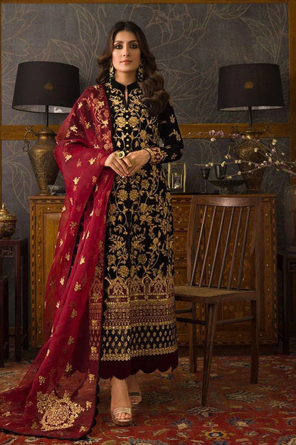 3 Piece - Black Color Embroidered Velvet Suit | D - 107